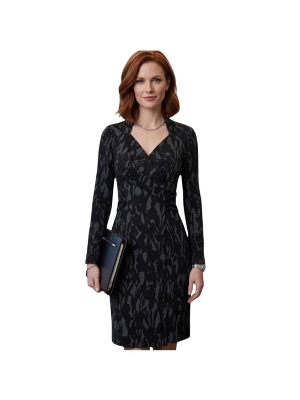 Etcetera Abstract Wrap Knit Dress 0 V-Neck Long Sleeve Midi Professional Stretch